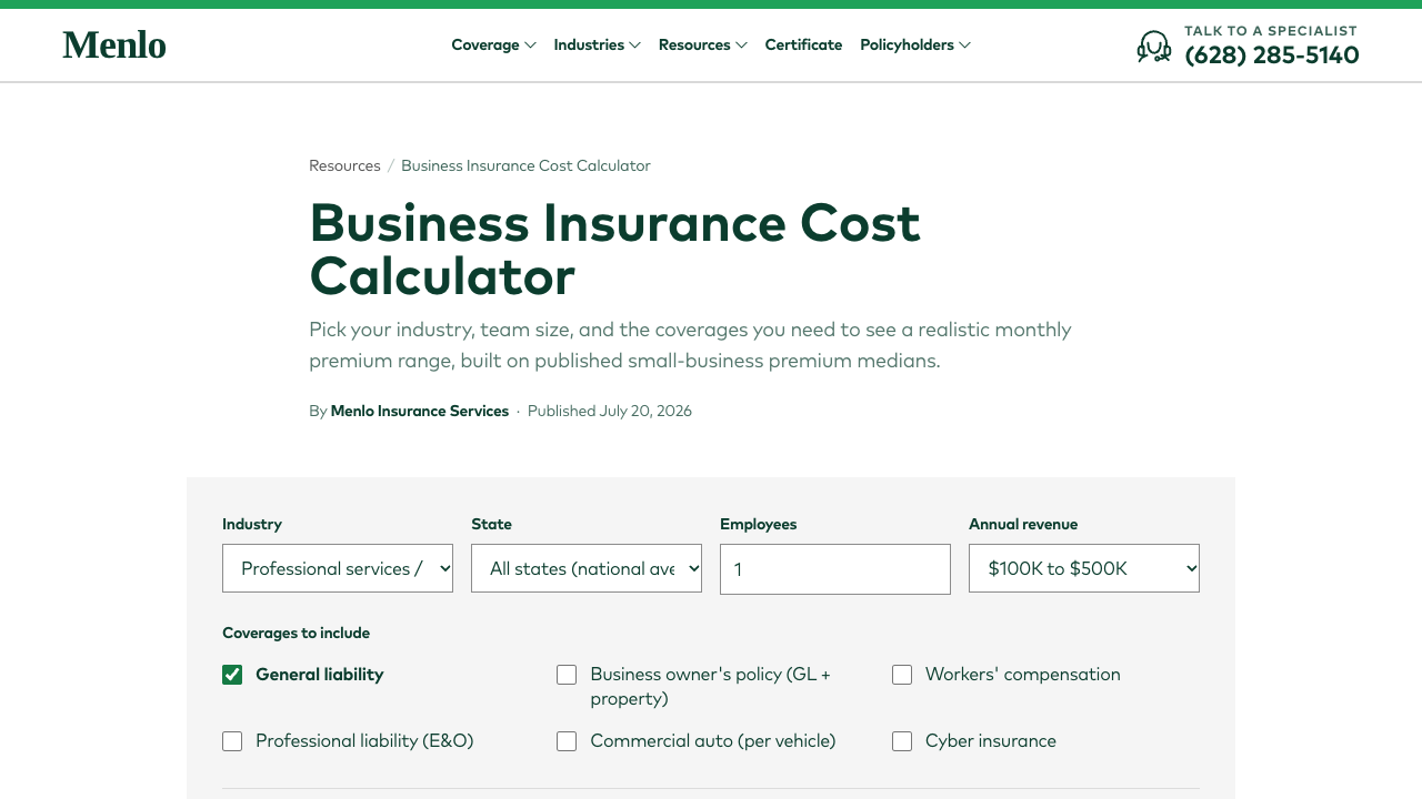 Menlo Business Insurance Cost Calculator screenshot