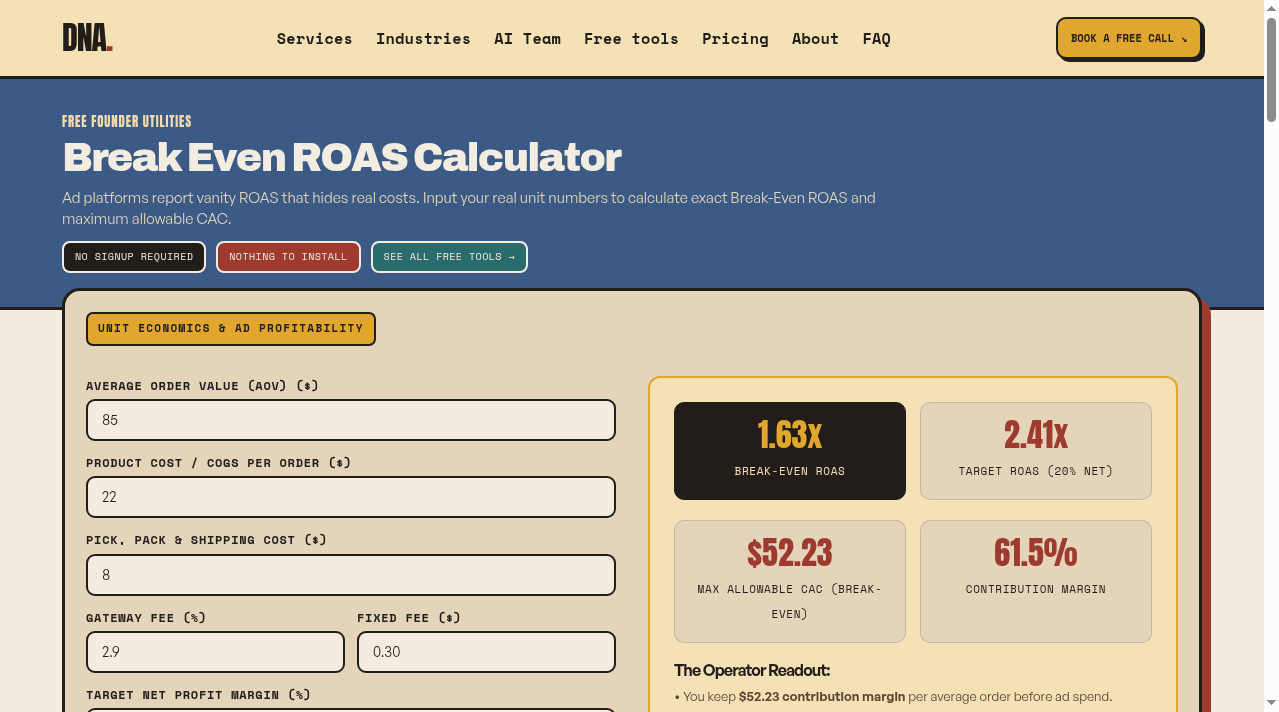 Break Even ROAS Calculator screenshot
